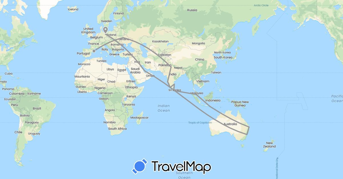 TravelMap itinerary: driving, plane in Australia, Germany, Spain, Indonesia, India, Sri Lanka, Malaysia, Qatar, Ukraine (Asia, Europe, Oceania)